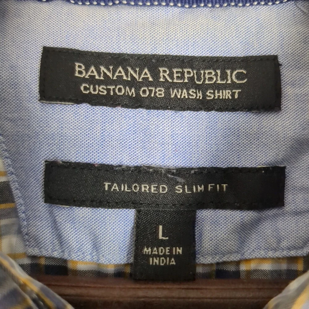 Banana Republic Custom Wash Shirt Mens Large Tailored Slim Fit Plaid Blue L